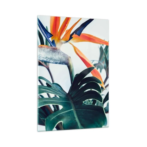 Impression sur verre - Image sur verre - Fleur de Strelitzia entourée de feuilles sous une lumière vive - 70x100cm - Le buisson oiseaux - Décoration murale moderne pour le salon et la chambre ARTTOR