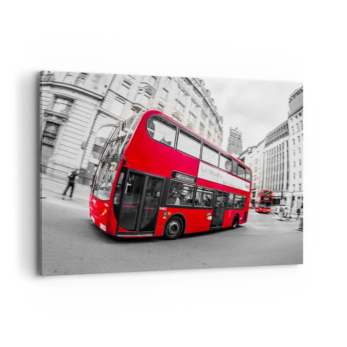 Impression sur toile - Image sur toile - Un bus londonien rouge sur fond de rue noire et blanche - 100x70cm - Londres traditionnellement - en bus - Décoration murale moderne pour le salon et la chambre ARTTOR