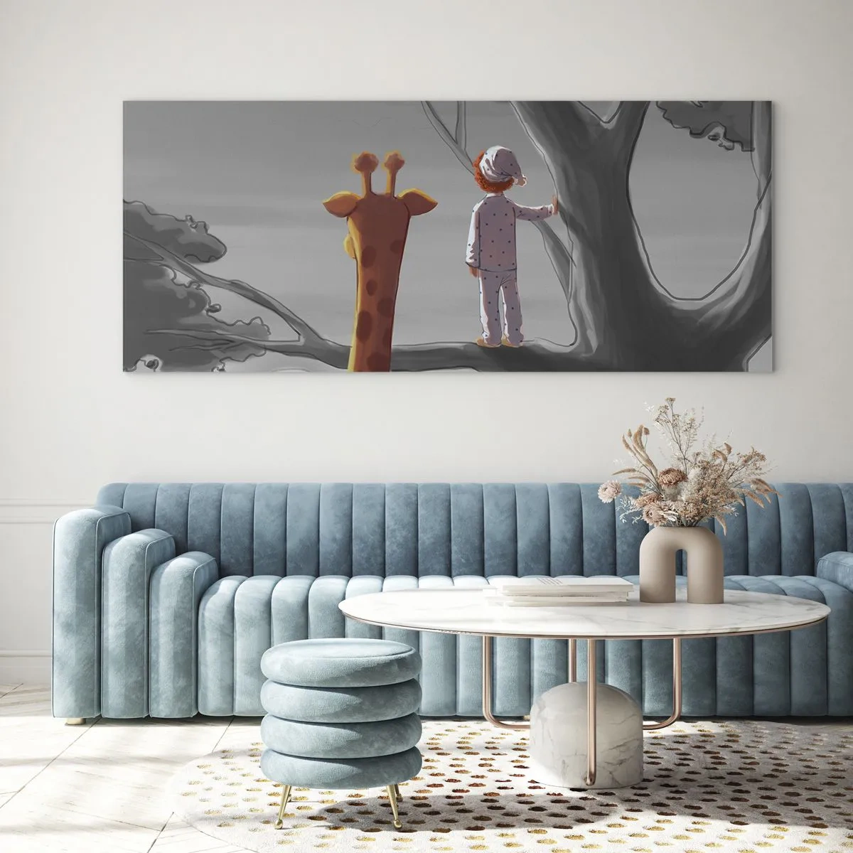 Impression sur verre - Image sur verre - Un enfant et une girafe sur une branche d'arbre dans un paysage de conte de fées - 120x50cm - Cela arrive vraiment - Décoration murale moderne pour le salon et la chambre ARTTOR