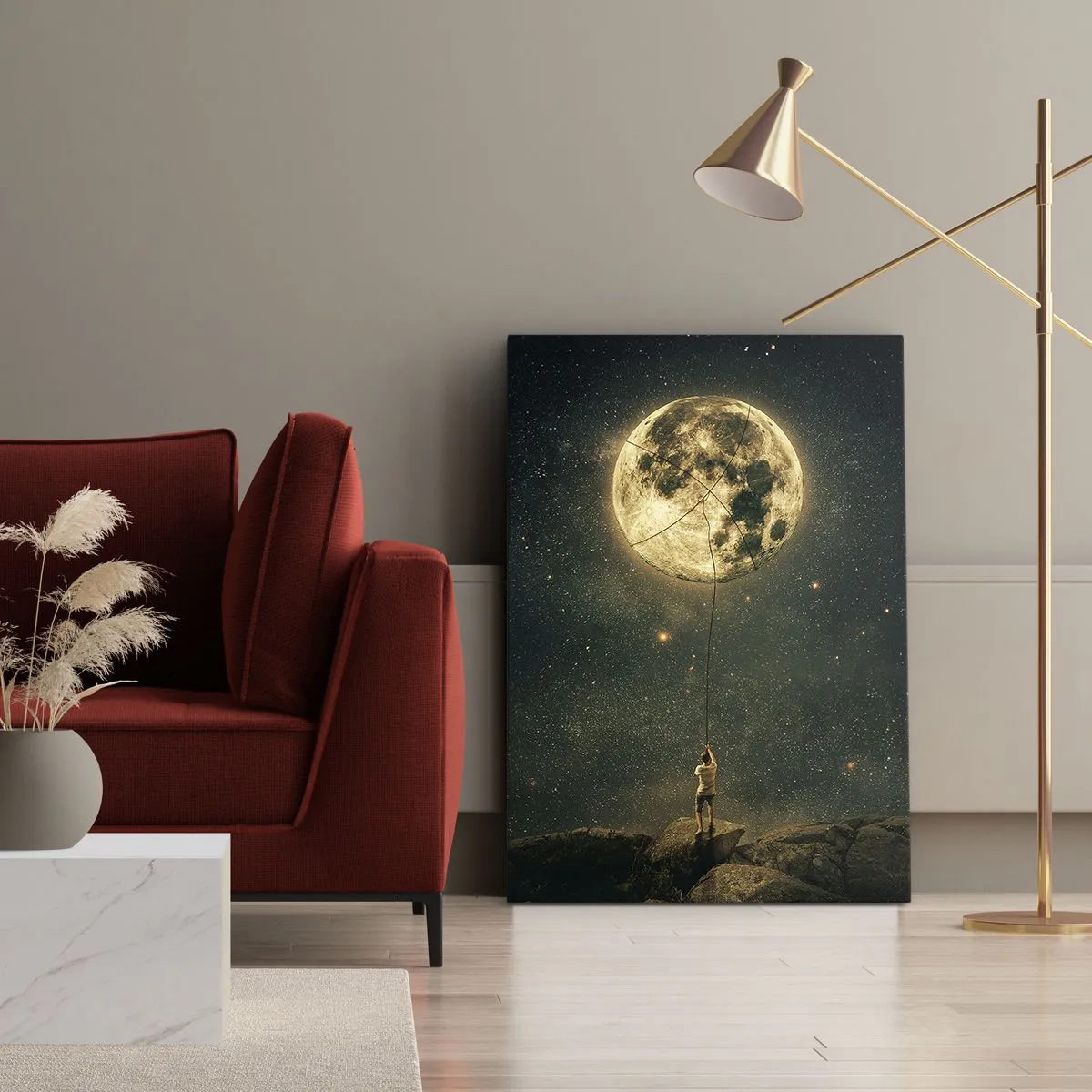 Impression sur toile - Image sur toile - L'homme avec la lune contre le ciel étoilé - 80x120cm - Celui qui a volé la lune - Décoration murale moderne pour le salon et la chambre ARTTOR