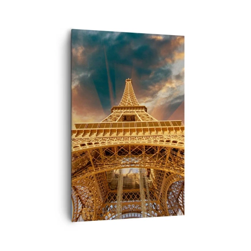 Impression sur toile - Image sur toile - La Tour Eiffel vue d'en bas sur fond de soleil couchant - 80x120cm - Comment l'humanité a atteint le ciel - Décoration murale moderne pour le salon et la chambre ARTTOR