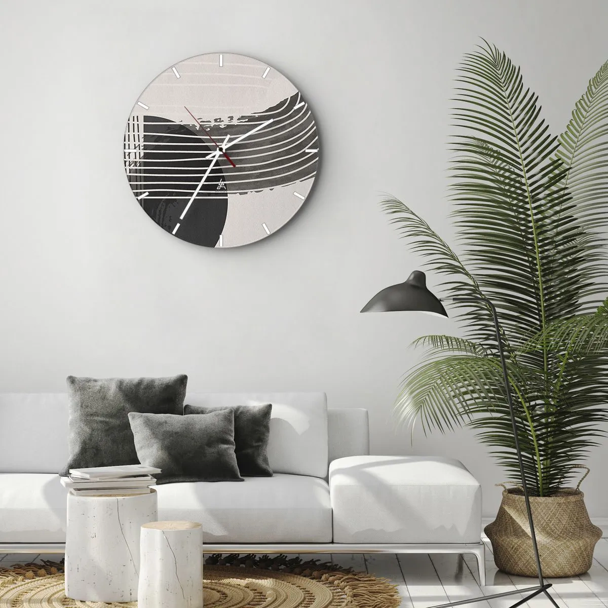 Horloge murale - Pendule murale - Composition géométrique avec des lignes et des demi-cercles dans des tons de gris. - 30x30cm - Aller et retour - Décoration murale moderne pour le salon, la cuisine et la chambre ARTTOR