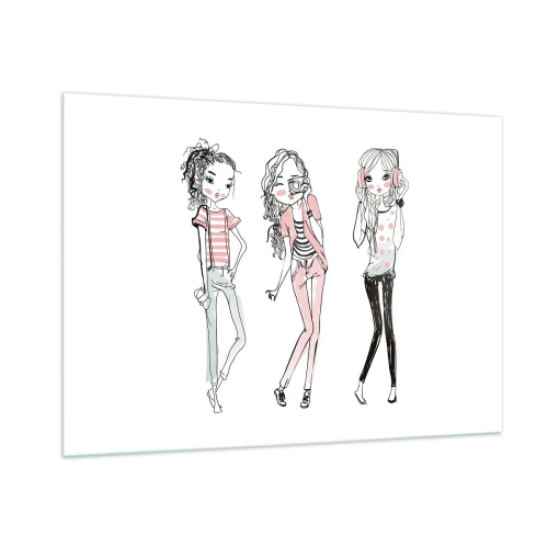 Impression sur verre - Image sur verre - Trois filles élégantes aux couleurs pastel - 100x70cm - On va s'amuser - Décoration murale moderne pour le salon et la chambre ARTTOR