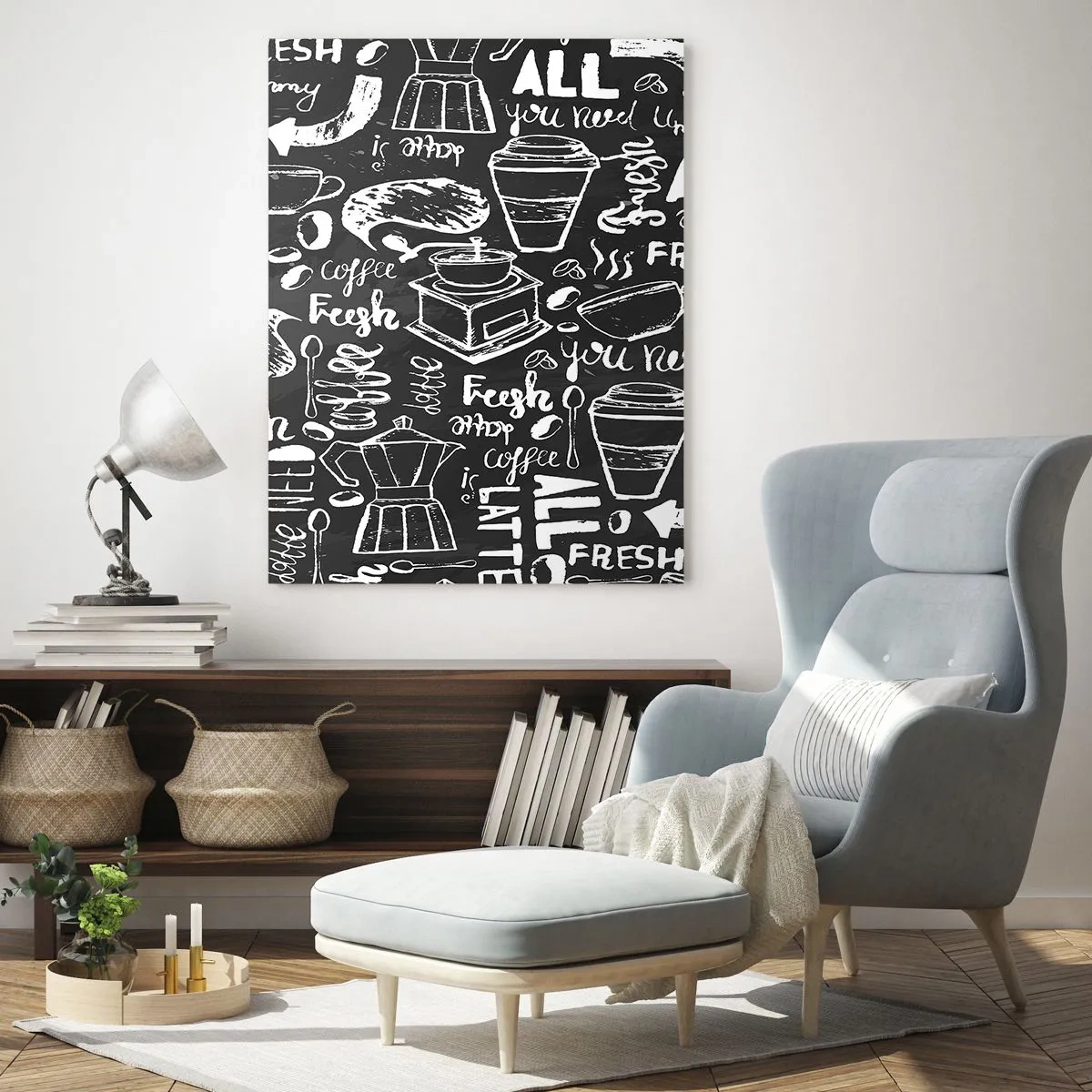Impression sur verre - Image sur verre - Graphiques et lettrages de café sur fond noir dans un style rétro - 50x70cm - Tout ce dont tu as besoin c'est… - Décoration murale moderne pour le salon et la chambre ARTTOR