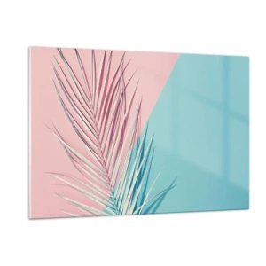 Impression sur verre - Image sur verre - Une feuille de palmier sur un fond pastel dans une composition géométrique - 120x80cm - Impression tropicale - Décoration murale moderne pour le salon et la chambre ARTTOR