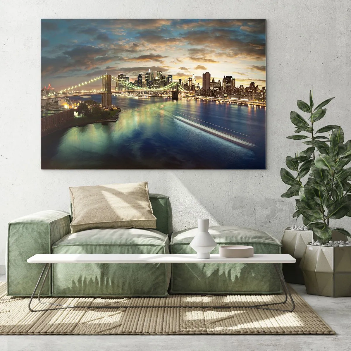 Impression sur verre - Image sur verre - Vue du pont et de la ville au coucher du soleil - 120x80cm - Une soirée lumineuse sur Manhattan - Décoration murale moderne pour le salon et la chambre ARTTOR