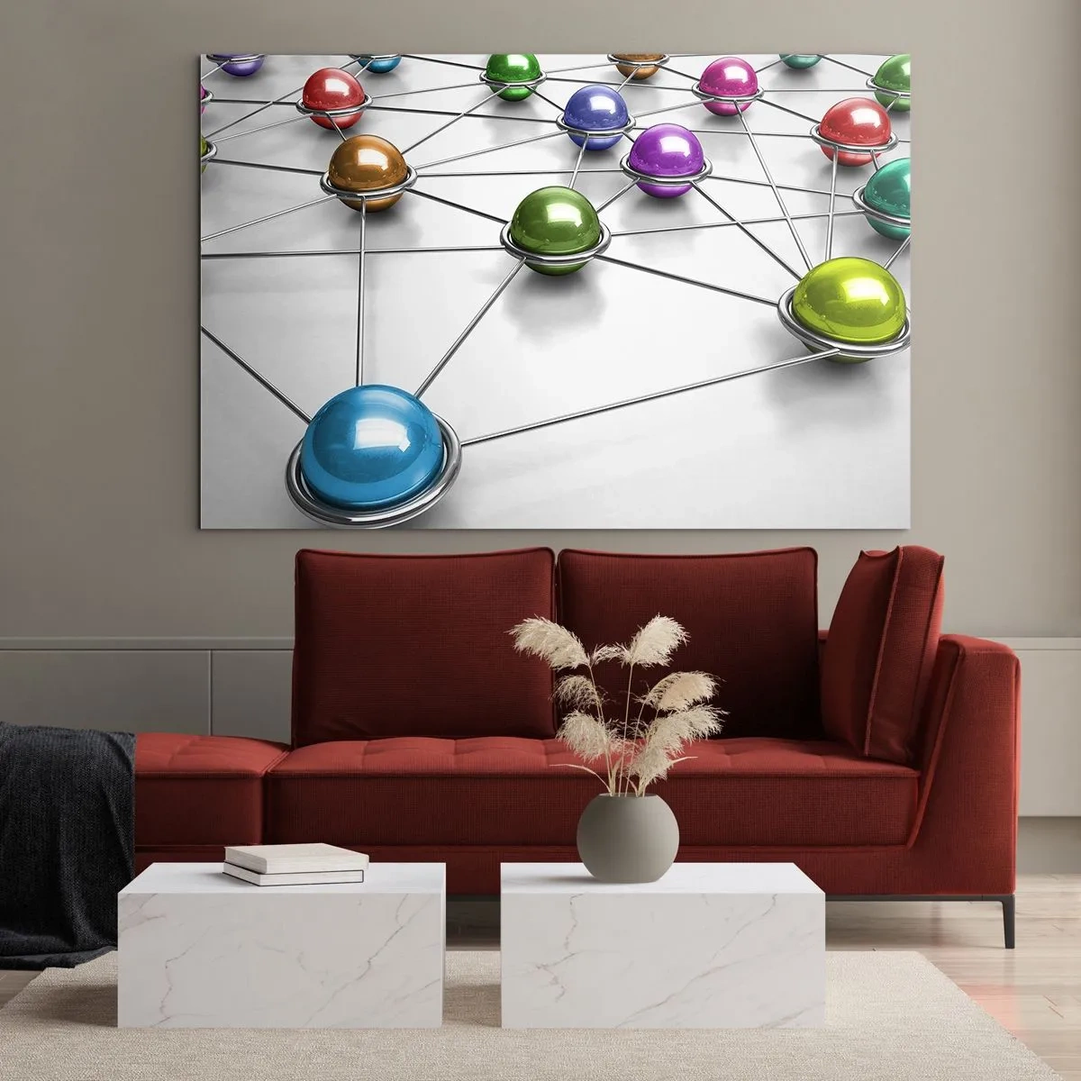 Impression sur verre - Image sur verre - Boules colorées reliées par des lignes sur un fond clair - 70x50cm - Toile d'araignée cosmique - Décoration murale moderne pour le salon et la chambre ARTTOR