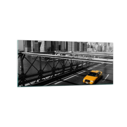 Impression sur verre - Image sur verre - Taxi jaune sur un pont avec vue sur les toits de New York - 120x50cm - Couleur de la grande ville - Décoration murale moderne pour le salon et la chambre ARTTOR