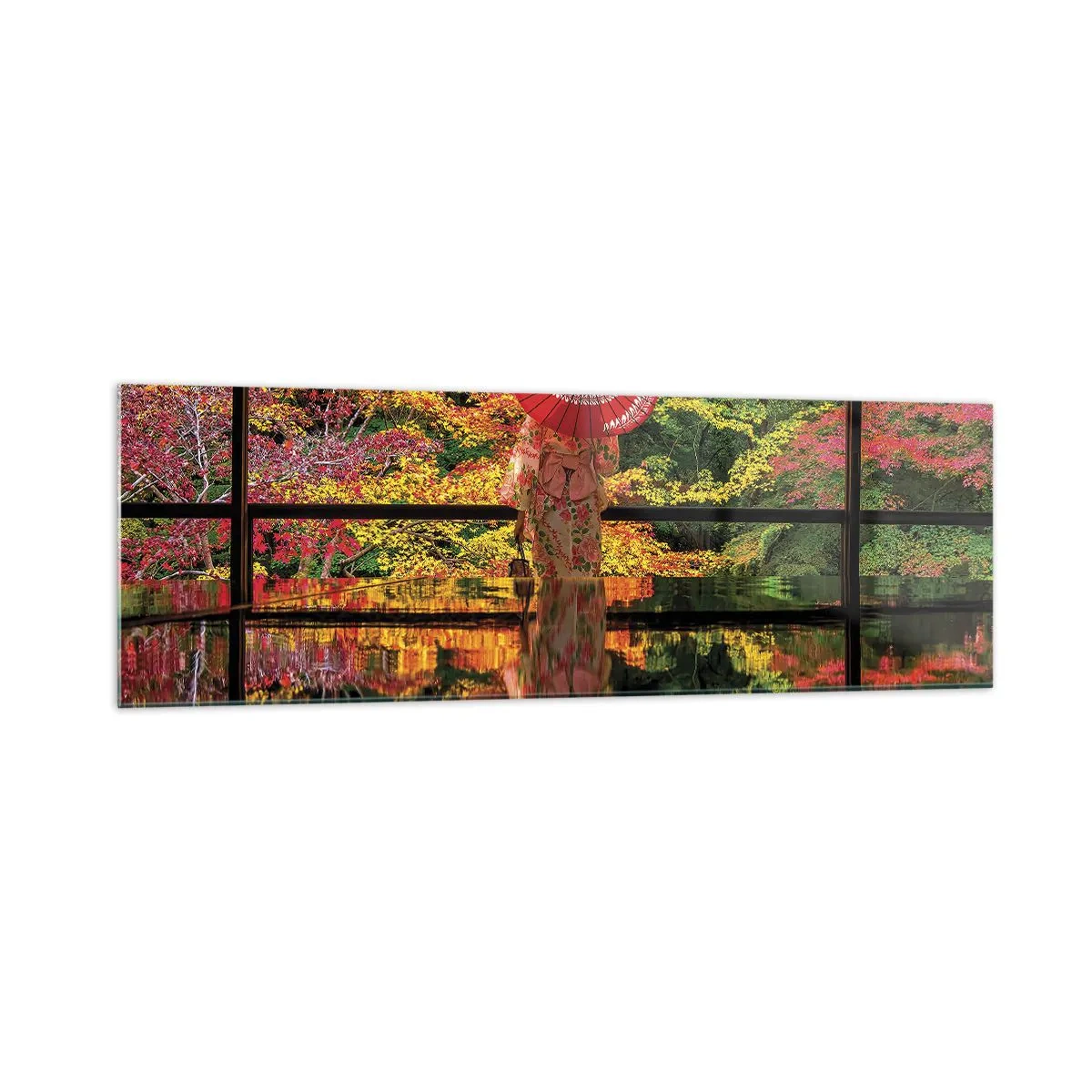 Impression sur verre - Image sur verre - Une femme en kimono avec un parapluie sur fond de paysage d'automne. - 160x50cm - Dans le temple de la nature - Décoration murale moderne pour le salon et la chambre ARTTOR