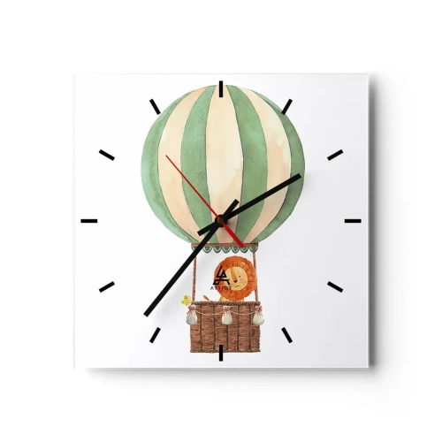 Horloge murale - Pendule murale - Un ballon avec un lion souriant dans un panier aux couleurs pastel - 30x30cm - Les voyages de Léon - Décoration murale moderne pour le salon et la chambre ARTTOR