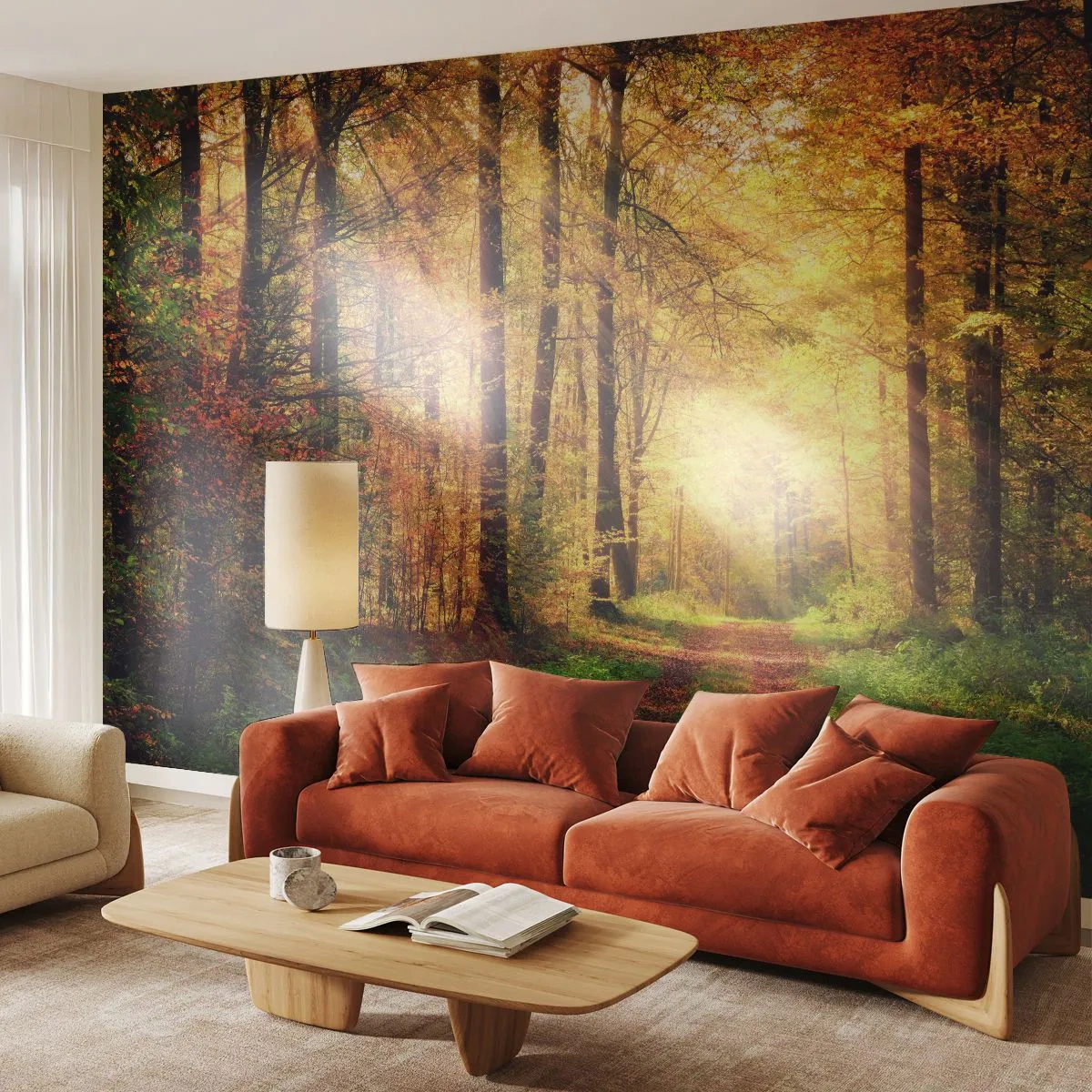 Papier Peint Photo Premium Sand - Un chemin forestier entouré de feuilles dorées au soleil - 100x70cm - Silence d'or en forêt - Décoration murale moderne pour le salon et la chambre ARTTOR