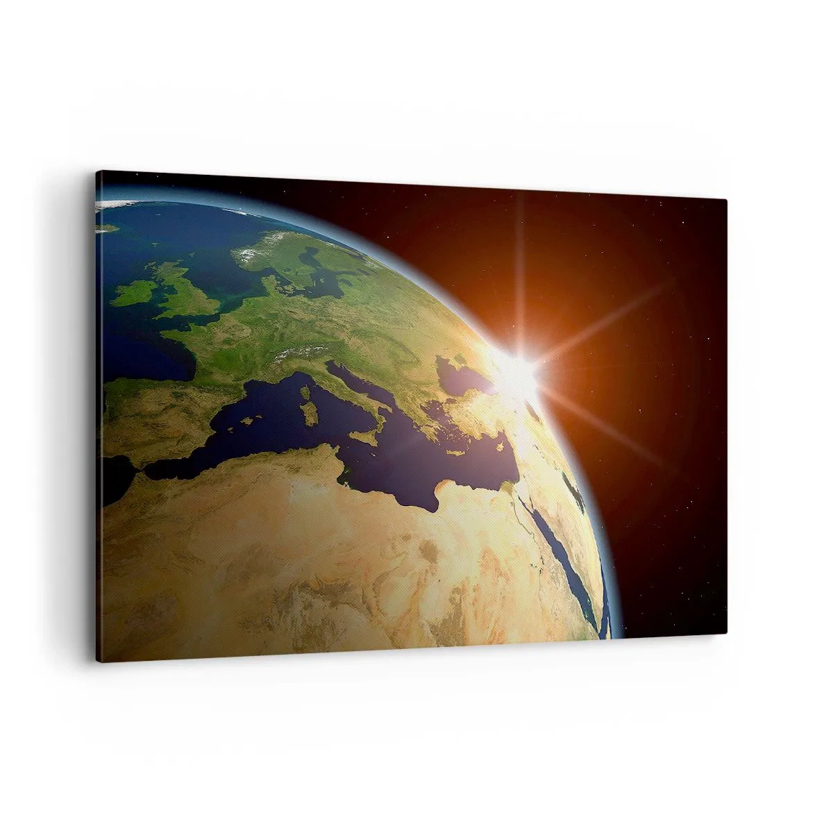 Impression sur toile - Image sur toile - Vue de la Terre depuis l'espace avec les rayons du soleil à l'horizon - 100x70cm - Lever de soleil - Décoration murale moderne pour le salon et la chambre ARTTOR