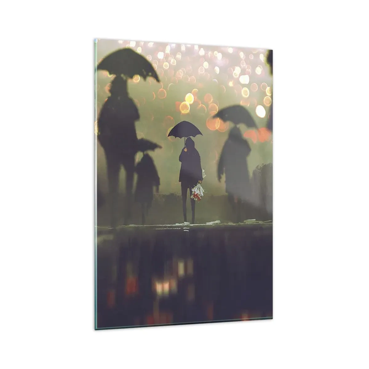Impression sur verre - Image sur verre - Une silhouette avec un parapluie un soir pluvieux parmi les lumières de la ville - 80x120cm - Du point de vue d'une goutte de pluie - Décoration murale moderne pour le salon et la chambre ARTTOR