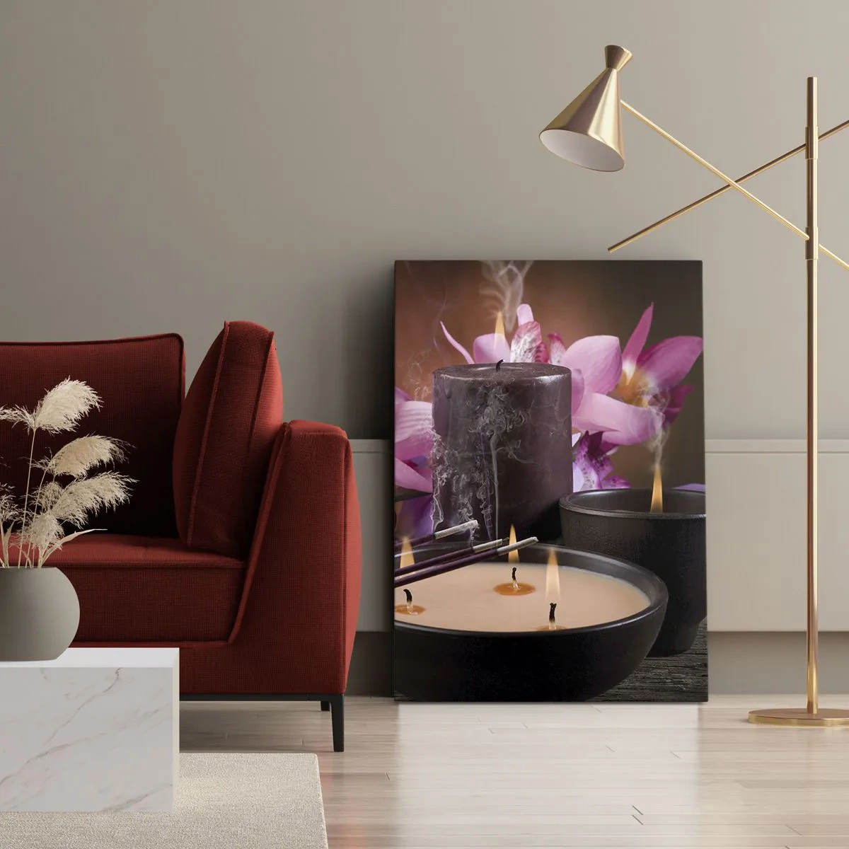 Impression sur toile - Image sur toile - Figurine de Bouddha avec bougies allumées et bâtons d'encens - 70x100cm - Vider l'esprit, calmer le corps - Décoration murale moderne pour le salon et la chambre ARTTOR