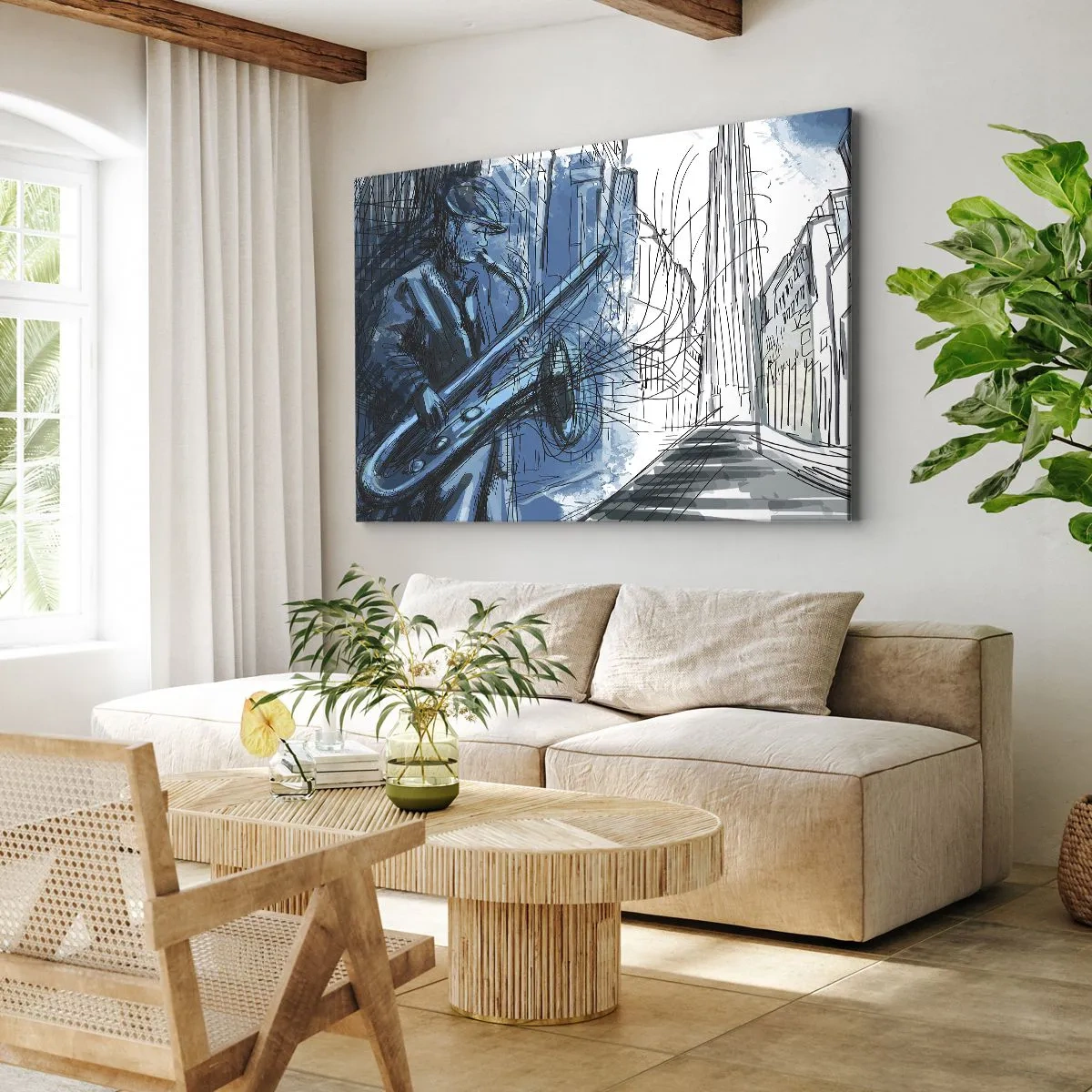 Impression sur toile - Image sur toile - Une silhouette jouant du saxophone sur fond de ville - 70x50cm - Rhapsodie urbaine - Décoration murale moderne pour le salon et la chambre ARTTOR