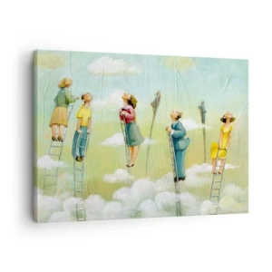 Impression sur toile - Image sur toile - Personnages grimpant sur des échelles parmi des nuages sur un fond pastel. - 70x50cm - Derrière ton rêve - Décoration murale moderne pour le salon et la chambre ARTTOR