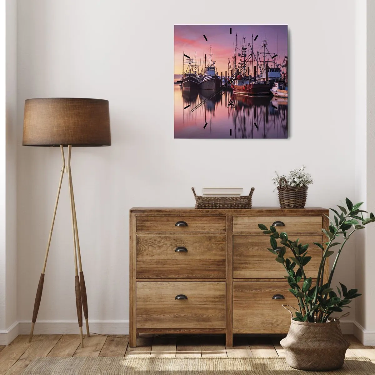 Horloge murale - Pendule murale - Bateaux de pêche dans le port au coucher du soleil - 30x30cm - Avant le jour suivant - Décoration murale moderne pour le salon et la chambre ARTTOR