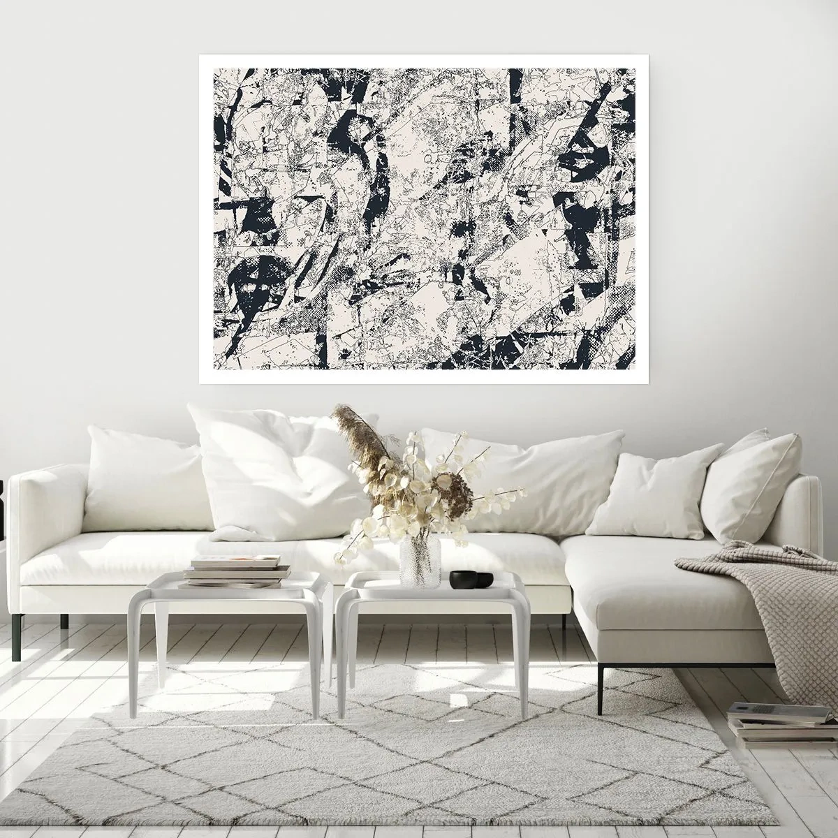 Affiche - Poster - Composition abstraite en noir et blanc avec une mise en page dynamique - 100x70cm - Interpénétration des contraires - Décoration murale moderne pour le salon et la chambre ARTTOR