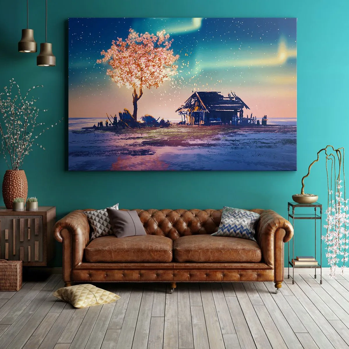 Impression sur toile - Image sur toile - Une maison et un arbre en fleurs sous le ciel nocturne - 120x80cm - La nature ne passe pas - Décoration murale moderne pour le salon et la chambre ARTTOR