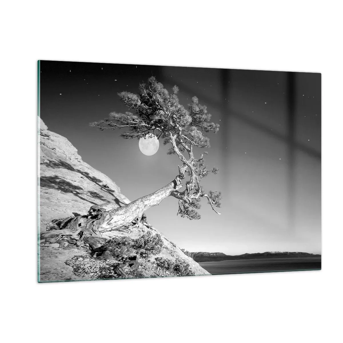 Impression sur verre - Image sur verre - Un arbre penché sur une colline avec la lune en arrière-plan - 120x80cm - Un combattant vainqueur - Décoration murale moderne pour le salon et la chambre ARTTOR