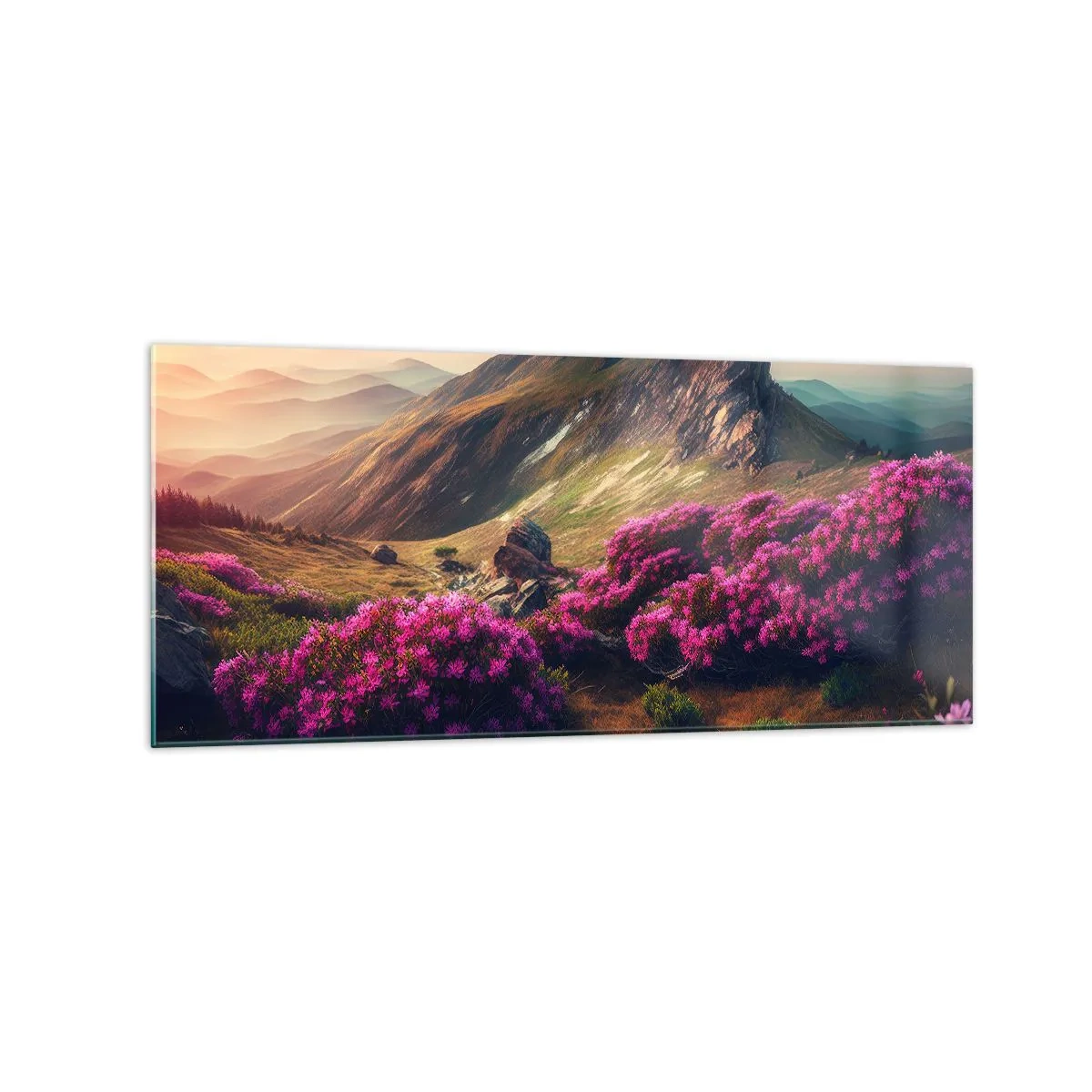 Impression sur verre - Image sur verre - Paysage de montagne avec des rhododendrons en fleurs - 120x50cm - L'été à la montagne - Décoration murale moderne pour le salon et la chambre ARTTOR