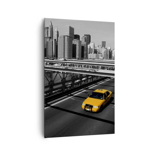 Impression sur toile - Image sur toile - Taxi jaune sur un pont avec vue sur les toits de New York - 80x120cm - Couleur de la grande ville - Décoration murale moderne pour le salon et la chambre ARTTOR