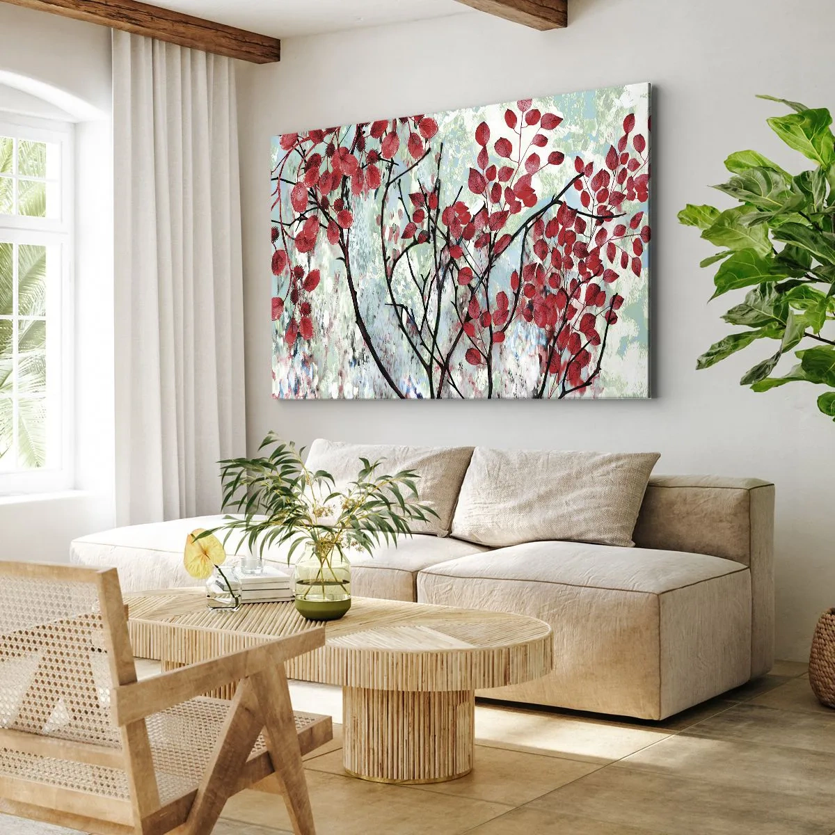 Impression sur toile - Image sur toile - Feuilles rouges sur un ciel lumineux avec des motifs abstraits - 70x50cm - Arbre en écarlate - Décoration murale moderne pour le salon et la chambre ARTTOR