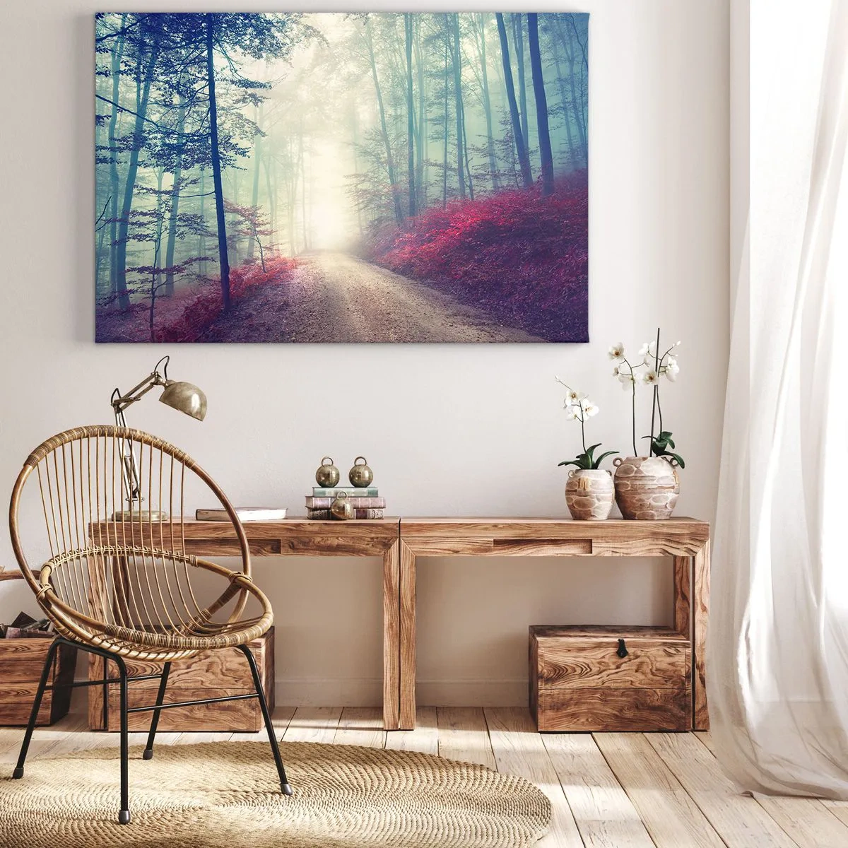 Impression sur toile - Image sur toile - Un sentier forestier magique entouré d'arbres et de brouillard - 70x50cm - Comme c'est bon de se lever à l'aube - Décoration murale moderne pour le salon et la chambre ARTTOR