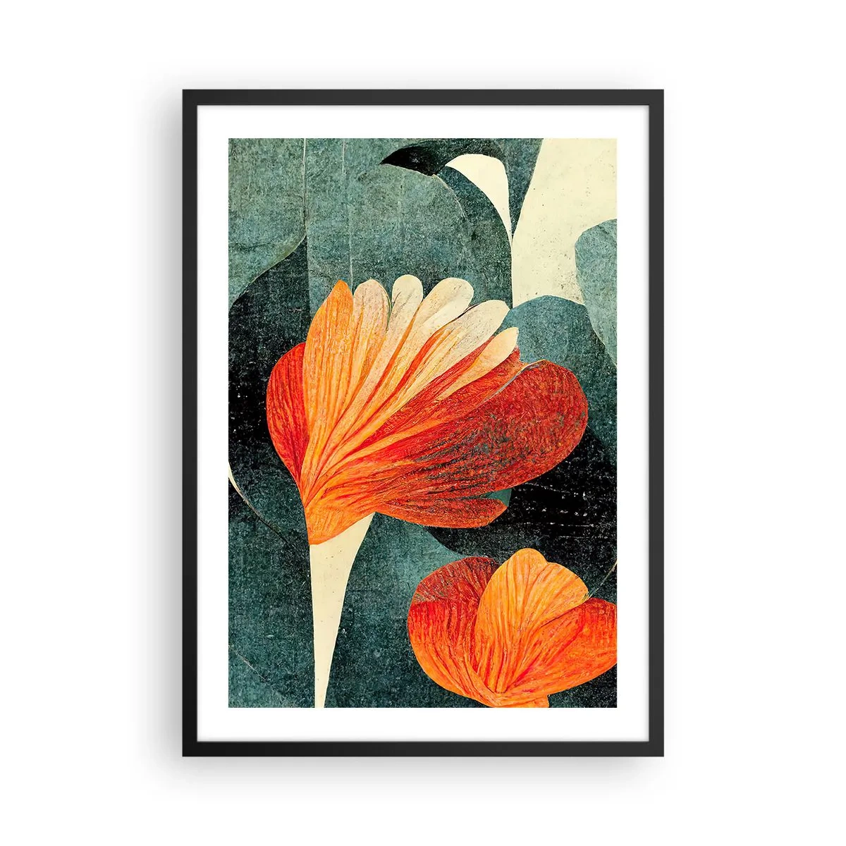 Affiche dans un cadre noir - Poster - Fleurs abstraites dans les tons orange et vert - 50x70cm - La chaleur des tropiques et la fraîcheur de la verdure - Décoration murale moderne pour le salon et la chambre ARTTOR