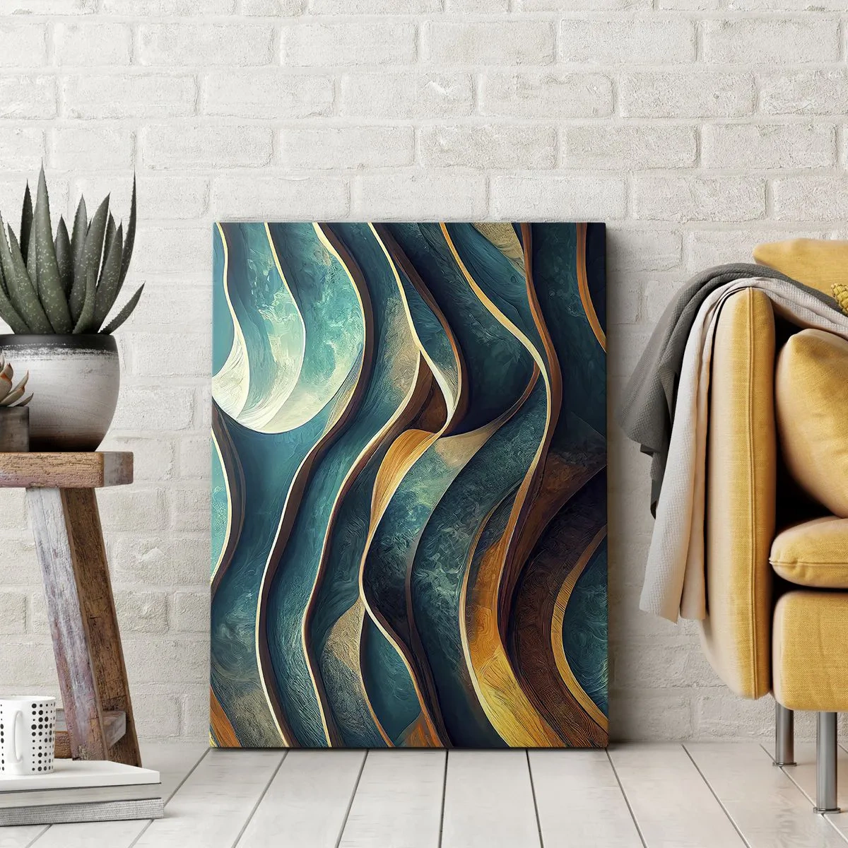 Impression sur toile - Image sur toile - Vagues abstraites dans des tons turquoise et or - 70x100cm - Méandres de bleu - Décoration murale moderne pour le salon et la chambre ARTTOR