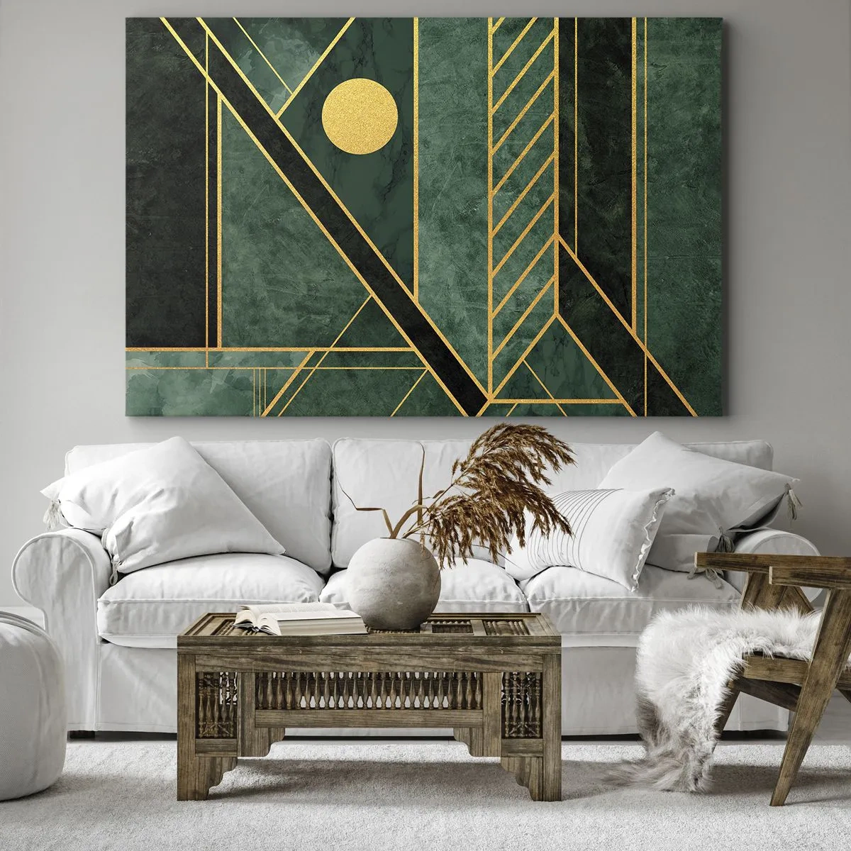 Impression sur toile - Image sur toile - Design géométrique vert et or avec un motif élégant - 70x50cm - Dynamique or et azur - Décoration murale moderne pour le salon et la chambre ARTTOR