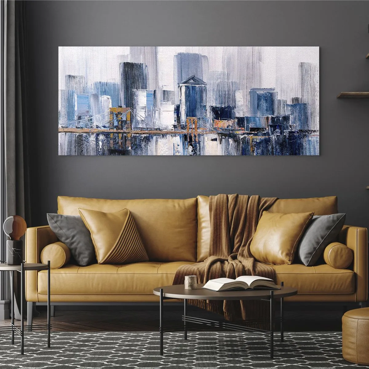 Impression sur verre - Image sur verre - Panorama urbain abstrait avec des nuances de bleu et de jaune - 160x50cm - Impression new-yorkaise - Décoration murale moderne pour le salon et la chambre ARTTOR