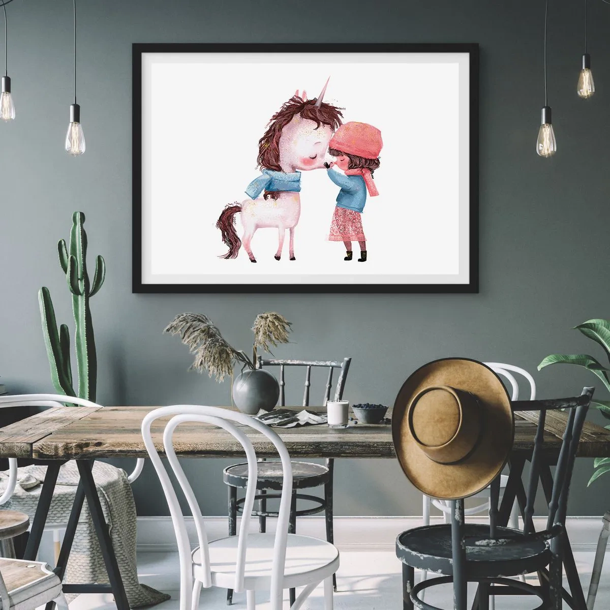 Affiche dans un cadre noir - Poster - Une fille et une licorne dans un paysage hivernal - 70x50cm - Histoire d'hiver - Décoration murale moderne pour le salon et la chambre ARTTOR