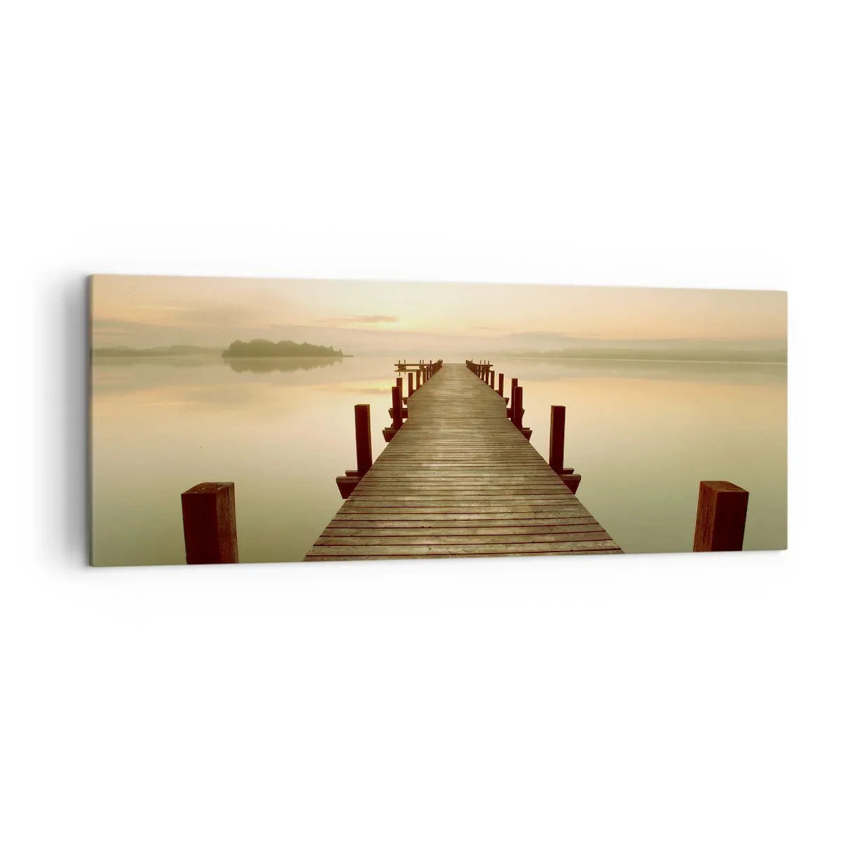 Impression sur toile - Image sur toile - Une jetée en bois sur un lac calme le matin - 140x50cm - L'aube, les premières lueurs, le jour - Décoration murale moderne pour le salon et la chambre ARTTOR