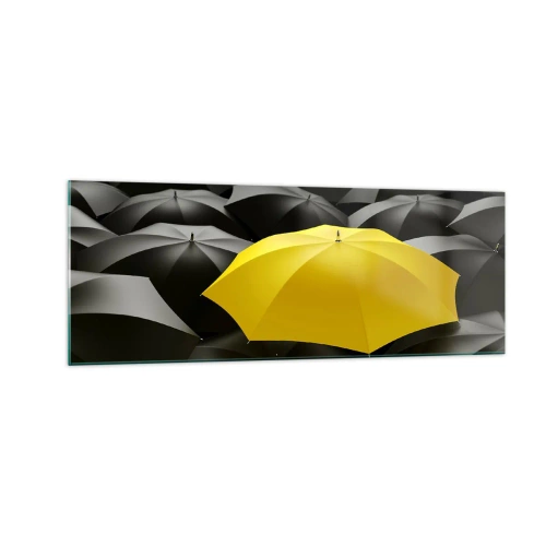 Impression sur verre - Image sur verre - Un parapluie jaune parmi des parapluies noirs - 140x50cm - Adieu chagrin - Décoration murale moderne pour le salon et la chambre ARTTOR