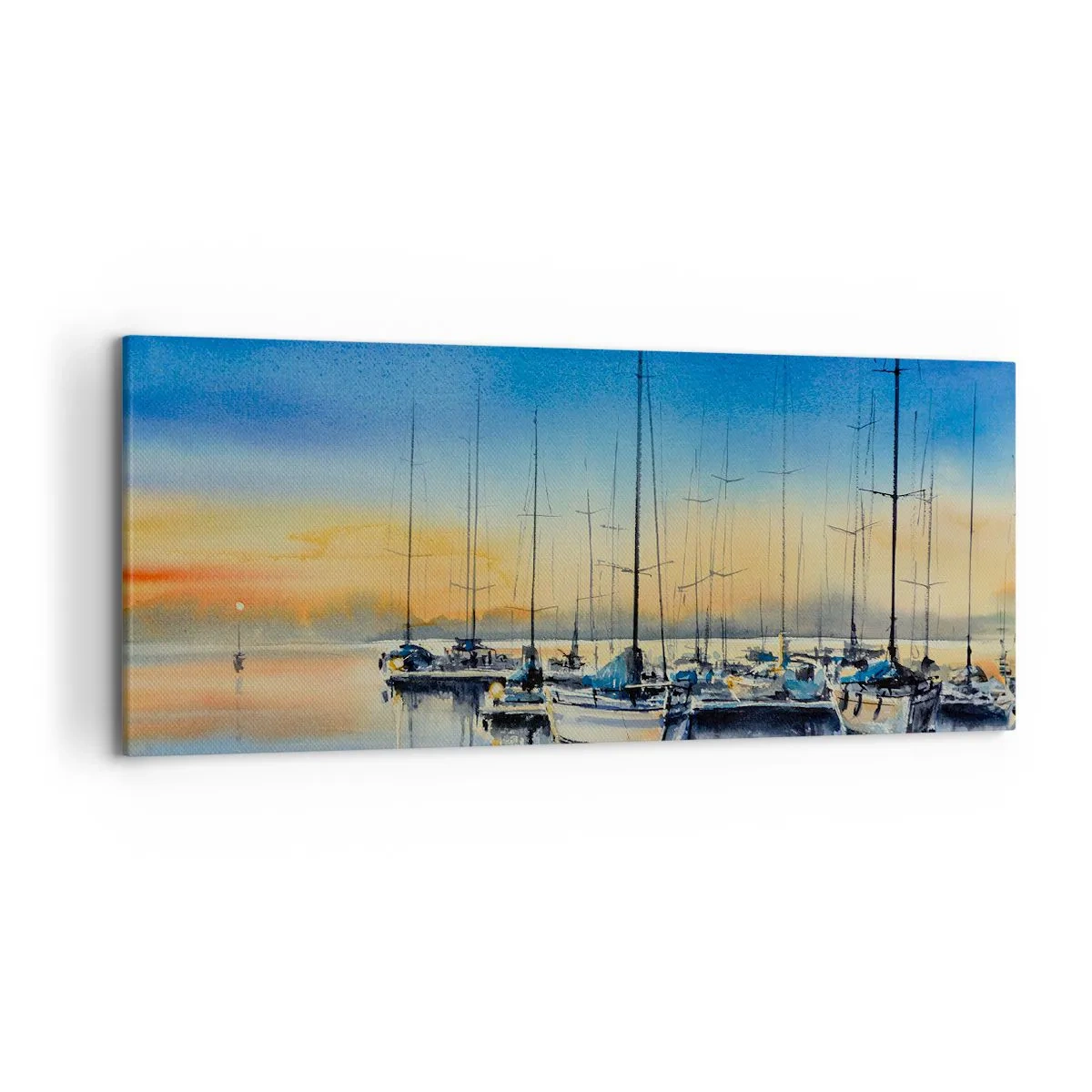 Impression sur toile - Image sur toile - Port de plaisance au coucher du soleil avec reflets sur l'eau - 120x50cm - Fin d'une belle journée - Décoration murale moderne pour le salon et la chambre ARTTOR
