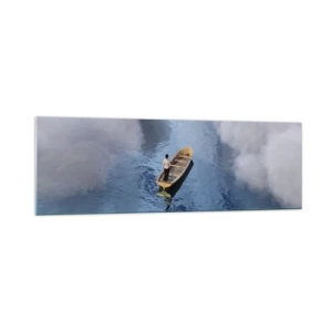 Impression sur verre - Image sur verre - Un homme dans un bateau sur une mer calme entourée de nuages - 160x50cm - Vie – voyage – inconnu - Décoration murale moderne pour le salon et la chambre ARTTOR