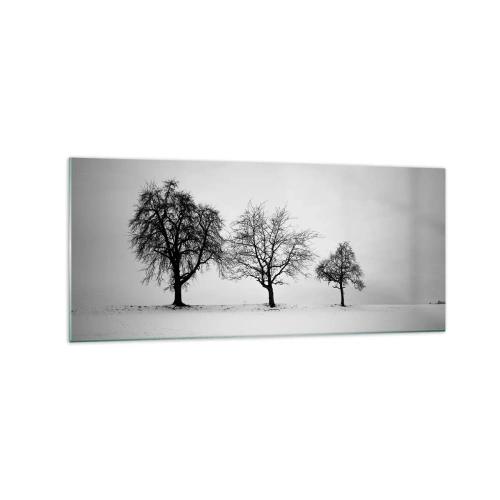 Impression sur verre - Image sur verre - Trois arbres dans un champ enneigé dans un style monochrome - 120x50cm - A quoi rêvent-ils? - Décoration murale moderne pour le salon et la chambre ARTTOR