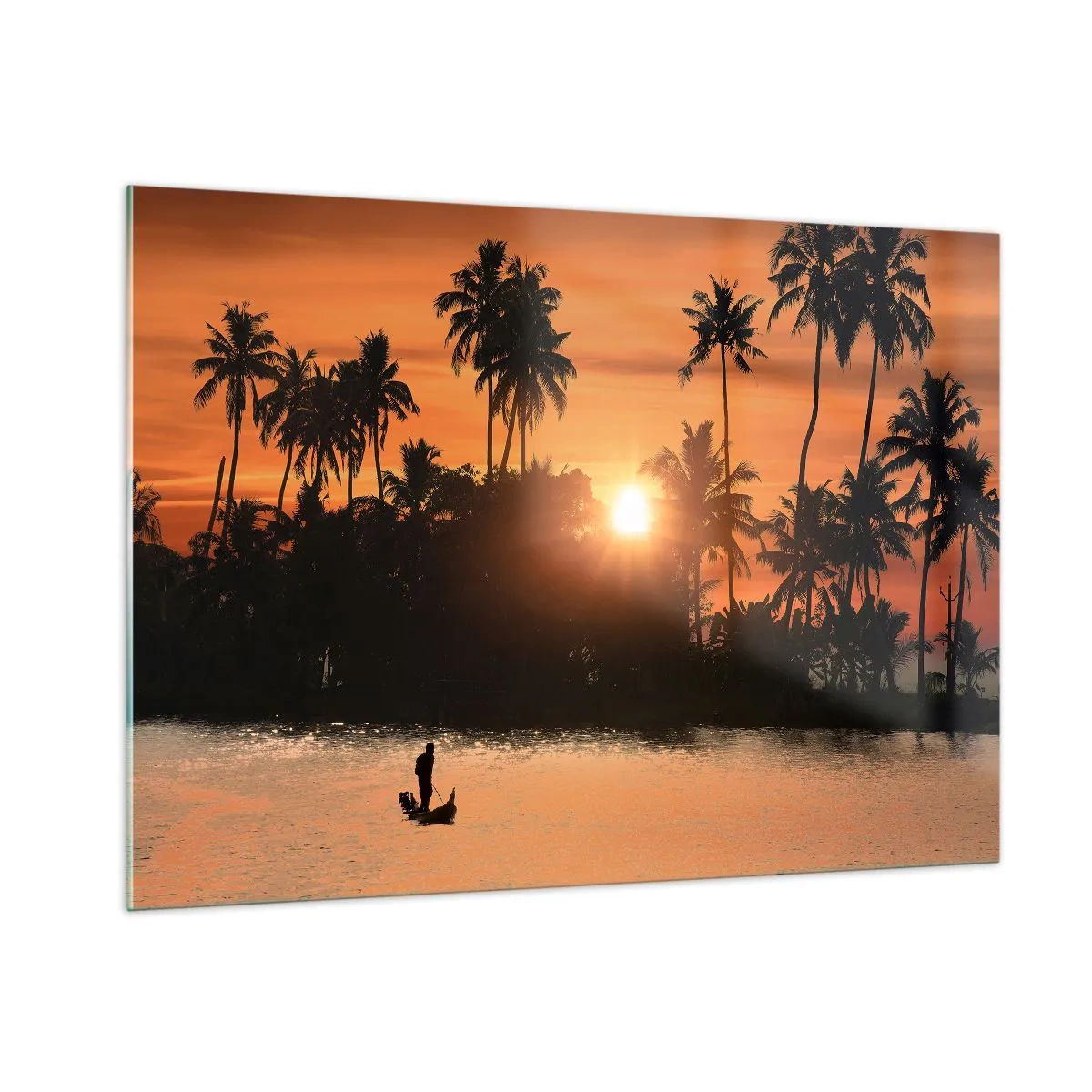 Impression sur verre - Image sur verre - Paysage tropical avec palmiers et coucher de soleil sur la rivière - 100x70cm - Il est temps de se détendre - Décoration murale moderne pour le salon et la chambre ARTTOR