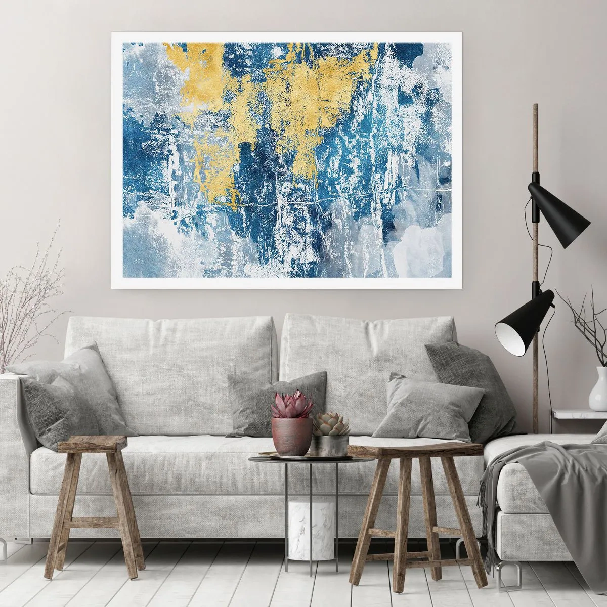 Affiche - Poster - Abstraction dans les tons de bleu et de jaune - 100x70cm - Abstraction du temps - Décoration murale moderne pour le salon et la chambre ARTTOR