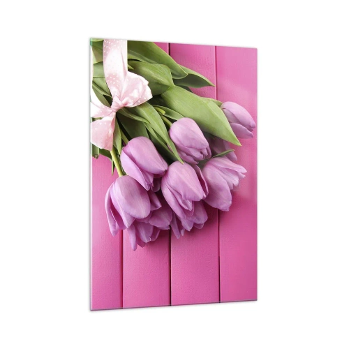 Impression sur verre - Image sur verre - Un bouquet de tulipes roses avec un nœud sur un fond rose - 70x100cm - Juste pour toi - Décoration murale moderne pour le salon et la chambre ARTTOR