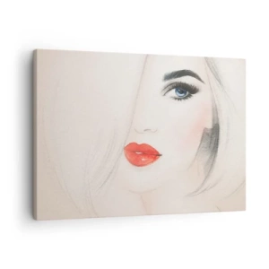 Impression sur toile - Image sur toile - Un portrait minimaliste d'une femme aux yeux bleus et aux lèvres rouges. - 70x50cm - Il hypnotise et enivre - Décoration murale moderne pour le salon et la chambre ARTTOR