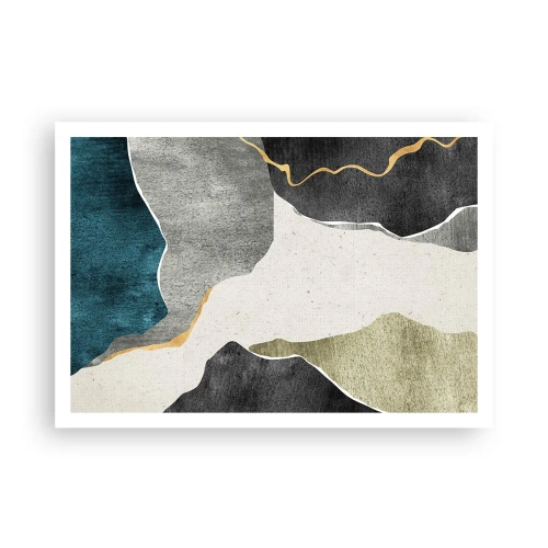 Affiche - Poster - Formes géométriques dans les tons de gris, vert et or - 100x70cm - Composition mosaïque avec un fil d'or - Décoration murale moderne pour le salon et la chambre ARTTOR