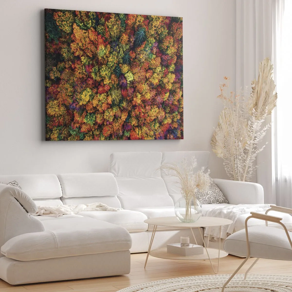 Impression sur toile - Image sur toile - Couronnes d'arbres colorées dans la palette d'automne - 70x50cm - Bouquet d'arbres automnal - Décoration murale moderne pour le salon et la chambre ARTTOR