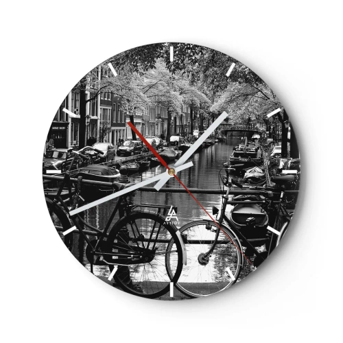 Horloge murale - Pendule murale - Vue en noir et blanc d'un canal avec des vélos à Amsterdam - 30x30cm - Une vue très hollandaise - Décoration murale moderne pour le salon, la cuisine et la chambre ARTTOR