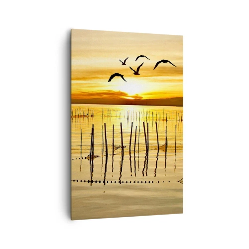 Impression sur toile - Image sur toile - Coucher de soleil sur l'eau avec des oiseaux en vol - 80x120cm - À la pêche - Décoration murale moderne pour le salon et la chambre ARTTOR
