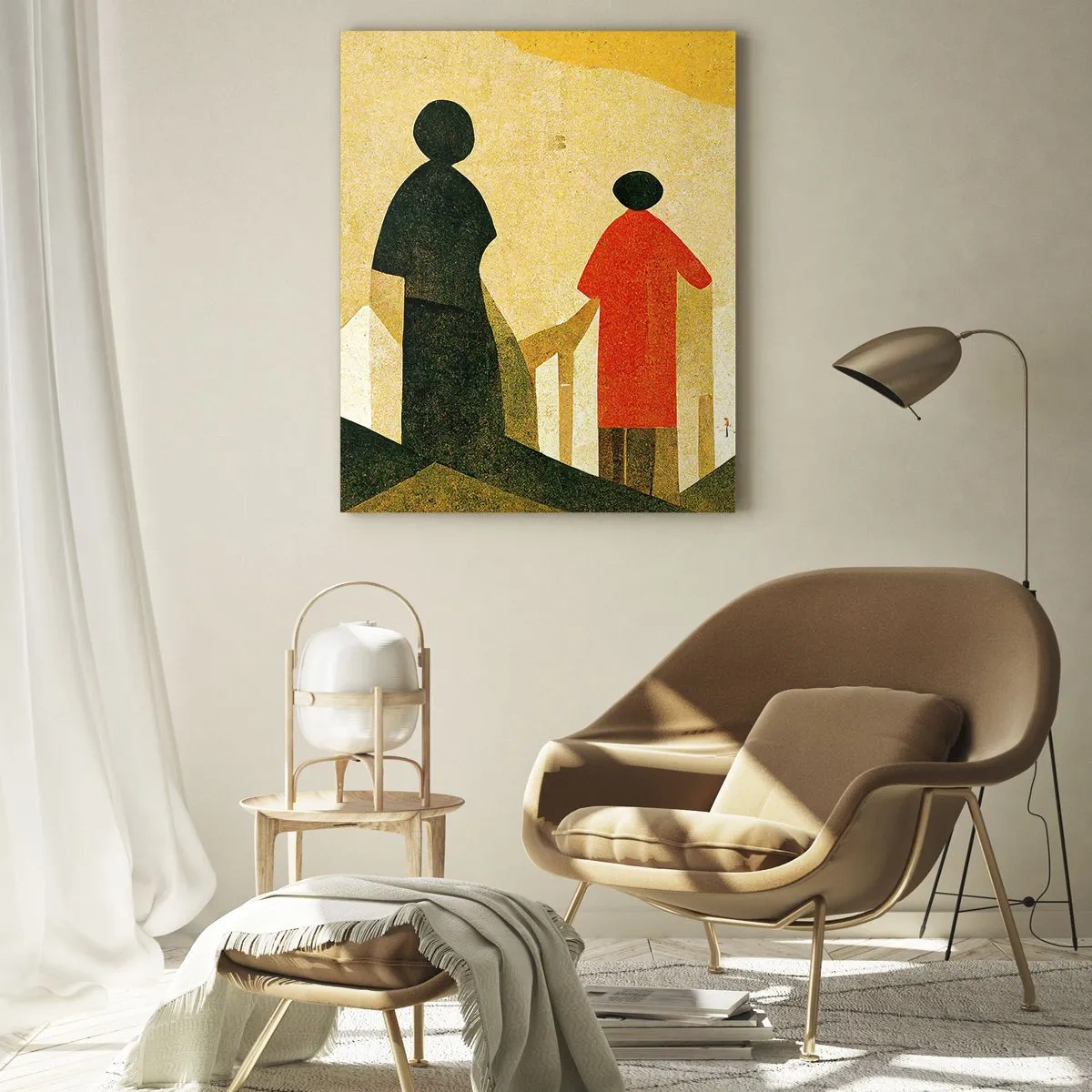 Impression sur verre - Image sur verre - Silhouettes géométriques de personnages parmi de hautes formes sur fond de ciel jaune - 50x70cm - La route est encore longue - Décoration murale moderne pour le salon et la chambre ARTTOR