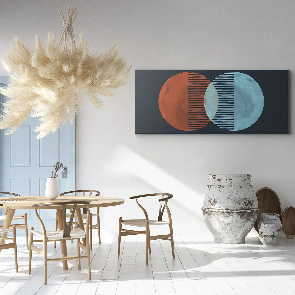 Impression sur toile - Image sur toile - Deux cercles orange et bleus sur fond sombre - 120x50cm - Fantaisie astronomique - Décoration murale moderne pour le salon et la chambre ARTTOR