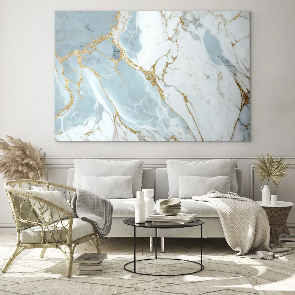 Impression sur verre - Image sur verre - Marbre abstrait dans des tons bleus et dorés - 100x70cm - Richesse en pierre - Décoration murale moderne pour le salon et la chambre ARTTOR