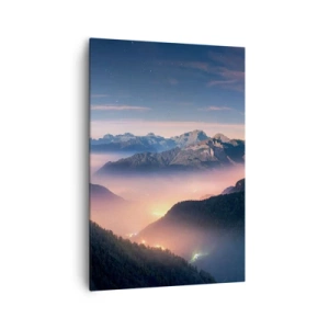 Impression sur toile - Image sur toile - Un paysage de montagne avec une vallée remplie de brouillard - 70x100cm - Lumière dans les vallées - Décoration murale moderne pour le salon et la chambre ARTTOR